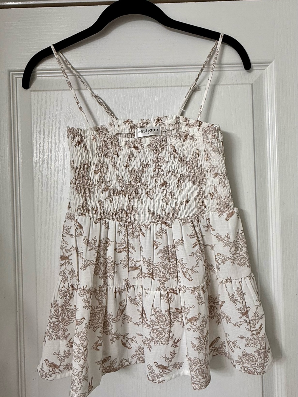 Vestique Cream and Brown Floral Smocked Tiered Cami
